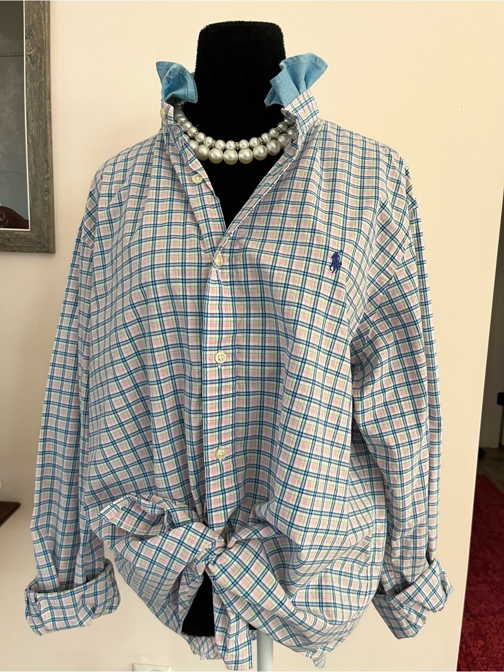 Refashioned Ralph Lauren Pink, Blue & Green Plaid Button-Down Ruffle Collar - Picture 3 of 8